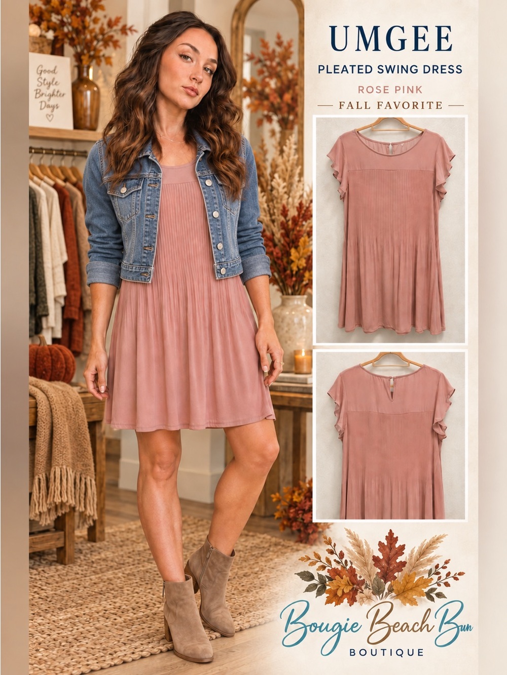 Umgee Rose Pink Pleated Swing Mini Dress